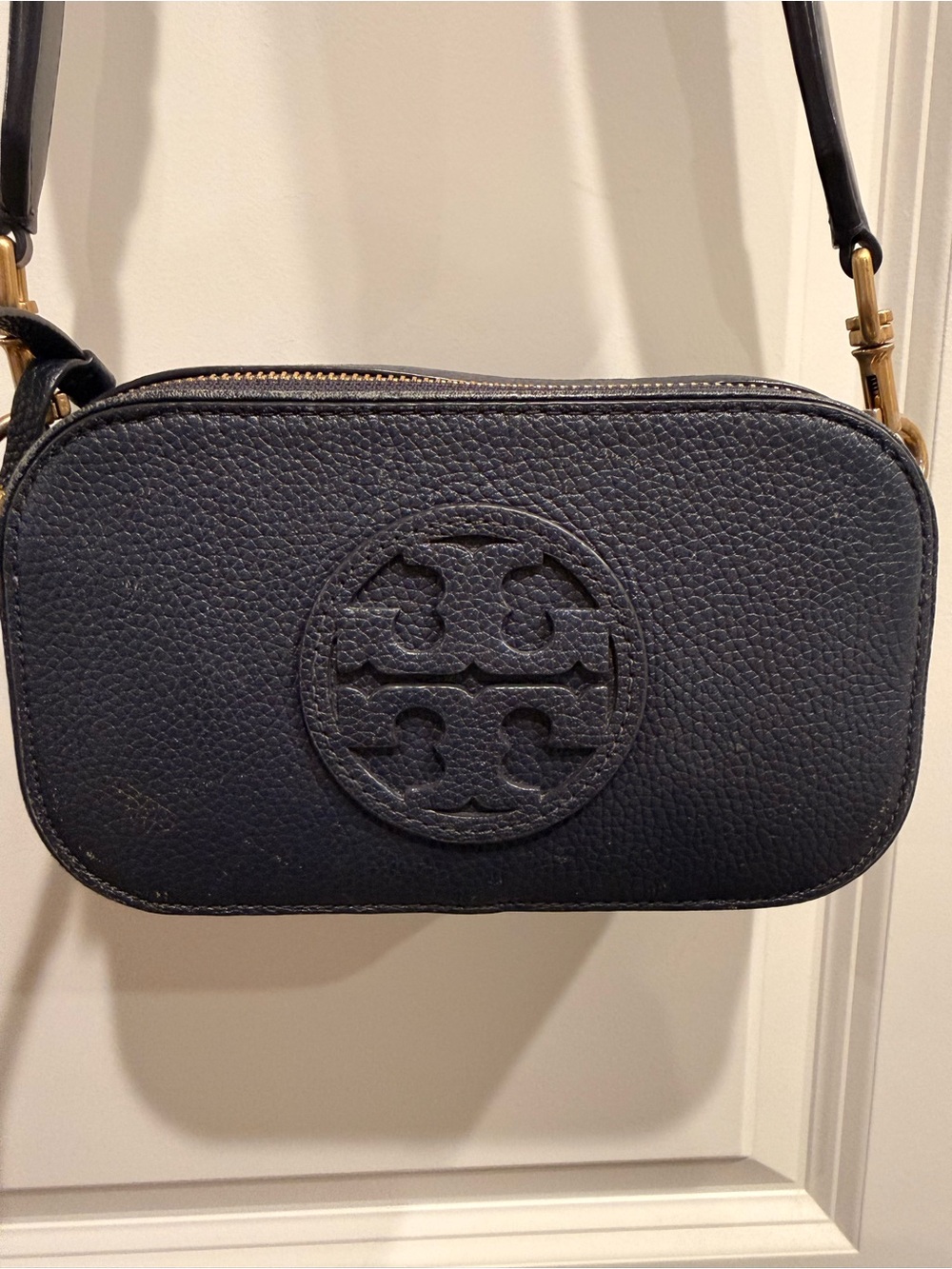 Tory Burch Navy Pebbled Leather Logo mini Miller Crossbody